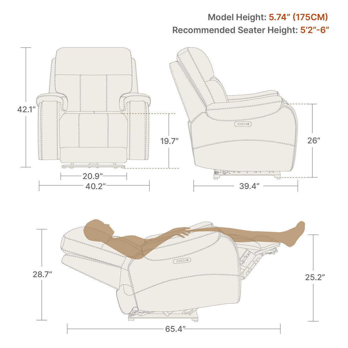CHITA Genuine Leather Power Recliner Chair, Zero Gravity, Creamy Grey