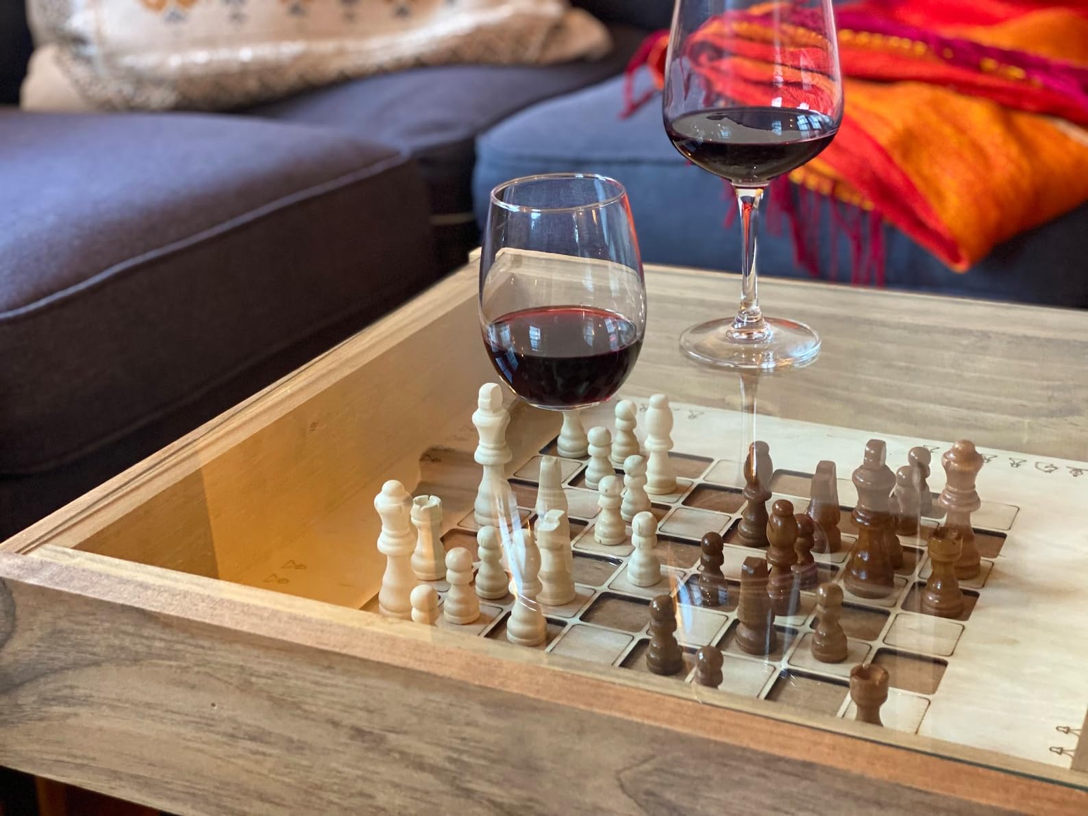 Rustic Chess & Checkers Coffee Table with Removable Glass Top