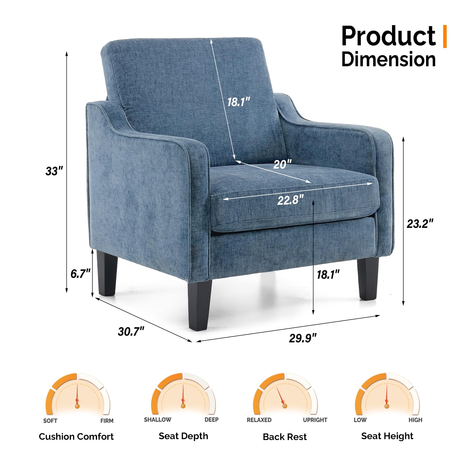 VINGLI Mid Century Modern Accent Chair,Navy Blue Chenille Chairs for Living Room Upholstered Armchair with Scooped Arms for Bedroom,Apartment,Studio,Office,Waiting Room