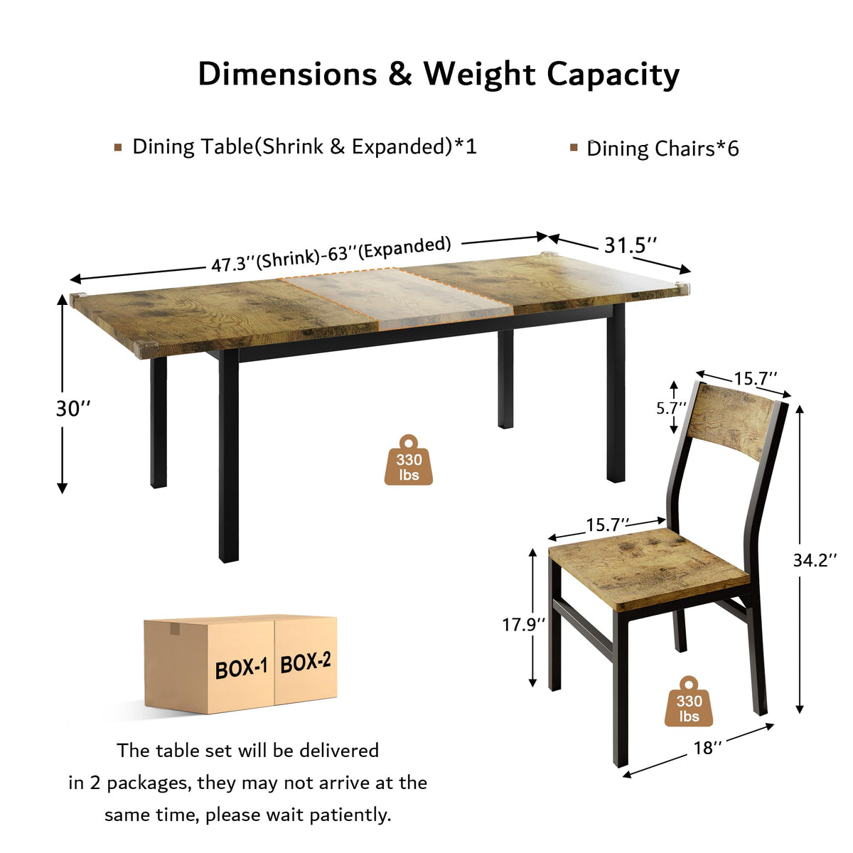 iPormis 7-Piece Dining Table & Chairs Set for 4-6, 63" Extendable Kitchen Table with 6 Chairs, Dining Room Table with MDF Board & Metal Frame, Perfect for Small Space,Easy Assembly, Rustic Brown