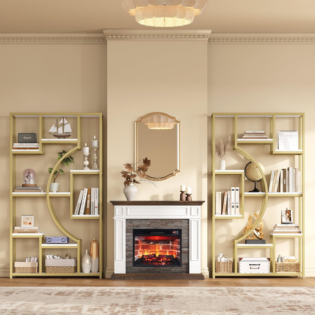 LGHM 79" W Luxury Marble-Patterned White Gold Bookshelf, Set of 2