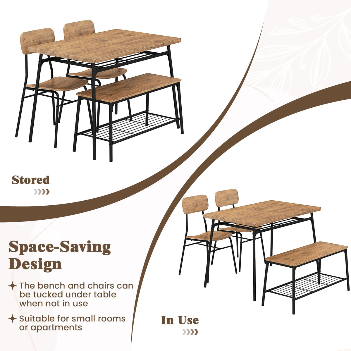 GOFLAME 4-Piece Dining Table Set for 4, Industrial Rectangular Kitchen Table with Bench and 2 Chairs, Storage Racks, Metal Frame, Space-Saving Dinette Set for Dining Room, Living Room, Breakfast Nook