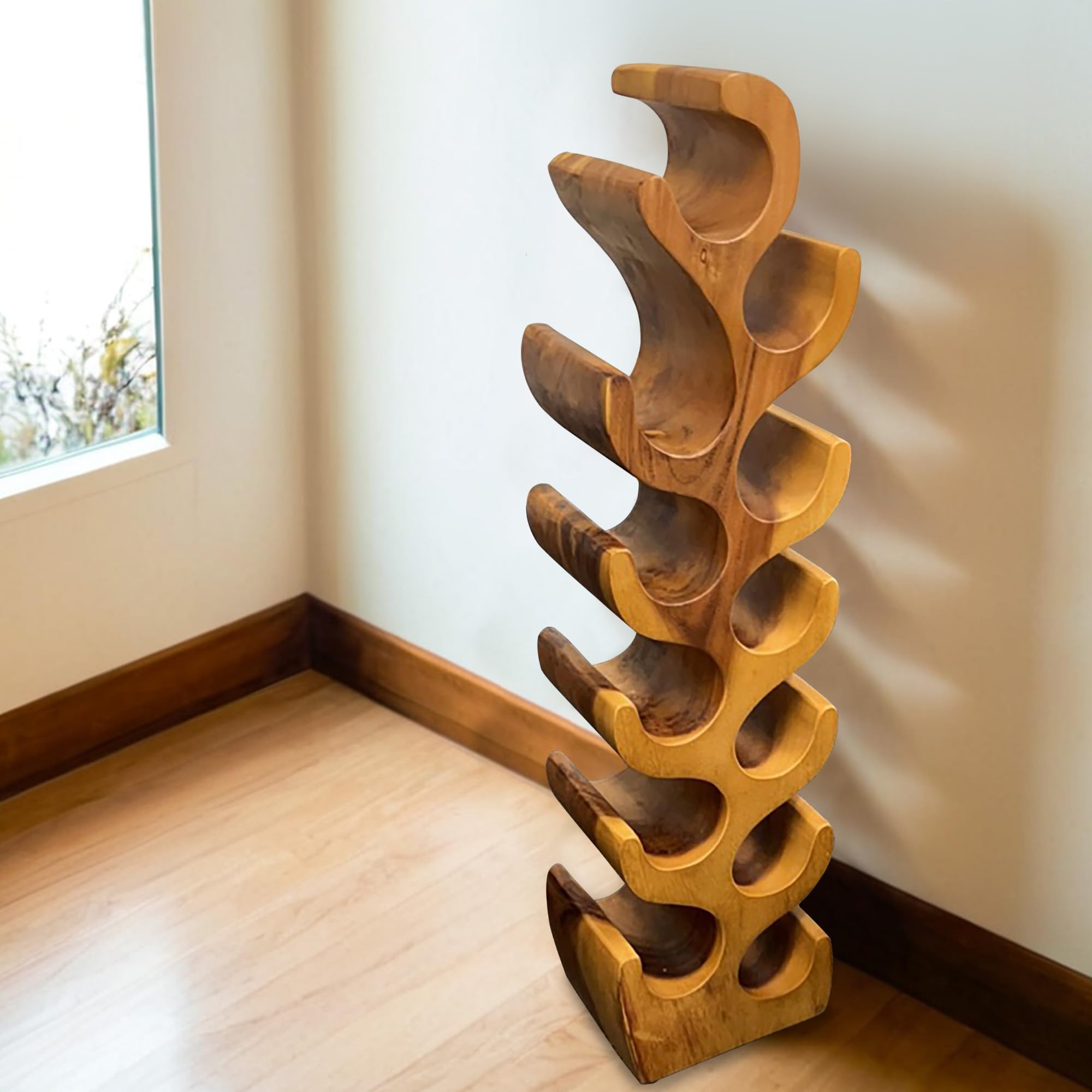 Greenage 12-Bottle Wine Rack Floor Standing, 10.2" Wide Narrow Solid Wood Wine Holder for Small Spaces, Rustic Acacia Tall Wine Shelf for Kitchen, Pantry, Bar, Home Decor, Natural Tan