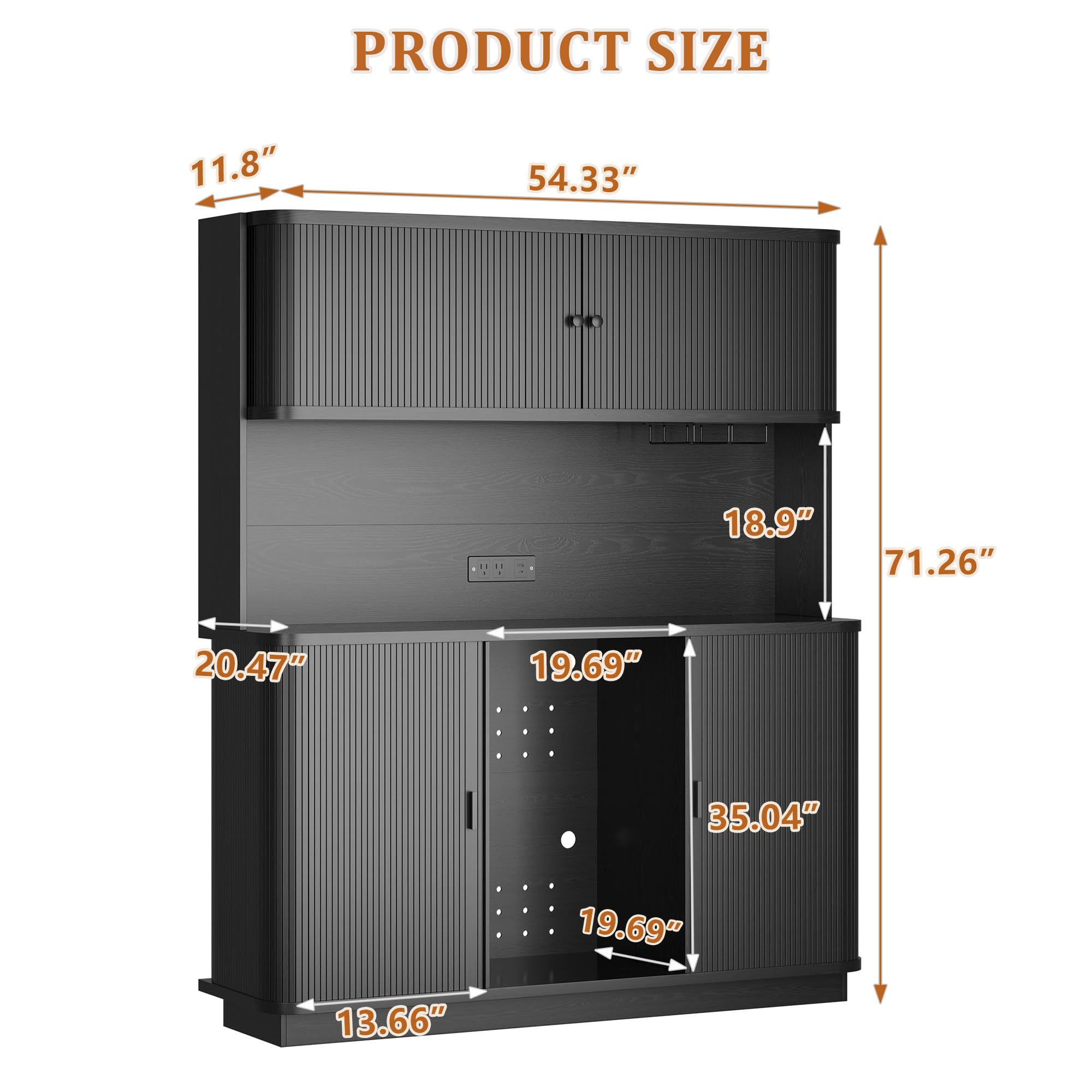 Godchoices 70.8" Kitchen Pantry with Fridge Space, Fluted Coffee Bar Cabinet with Mini Fridge Space, Power Outlet & Drawer, Tall Wine Bar Cabinet with Glass Holder,Wine Rack & Storage Hutch for Home