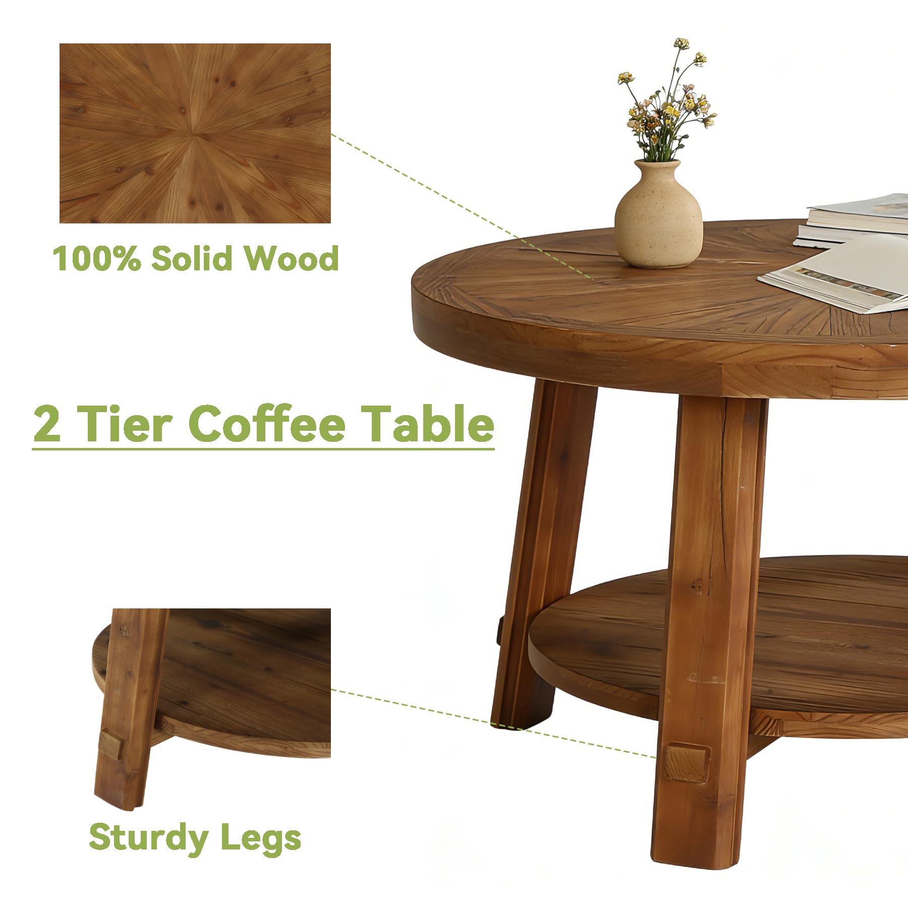 LITTLE TREE Solid Wood Coffee Table with Storage, 2-Tier Farmhouse Round Coffee Table for Living Room, Easy Assembly (Rustic Wood Color)