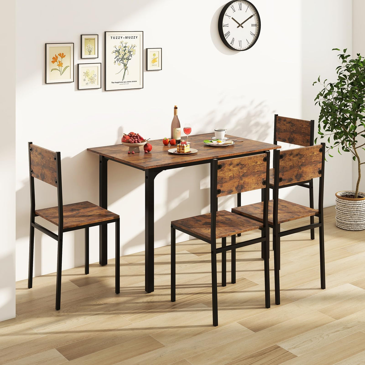 GIANTEX Dining Table Set for 4, 5-Piece Modern Kitchen Table and Chairs with Metal Frame & Adjustable Foot Pads, Space Saving Wood Dinette Set for Small Space, Breakfast Nook, Apartment (Brown)