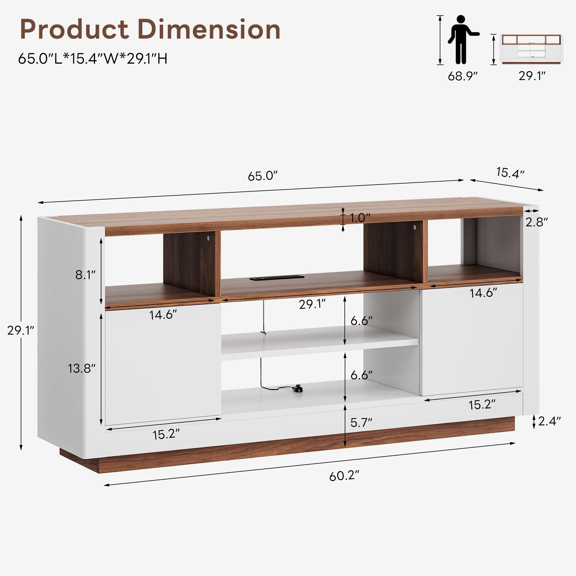 65" TV Stand with LED Lights & Charging Station