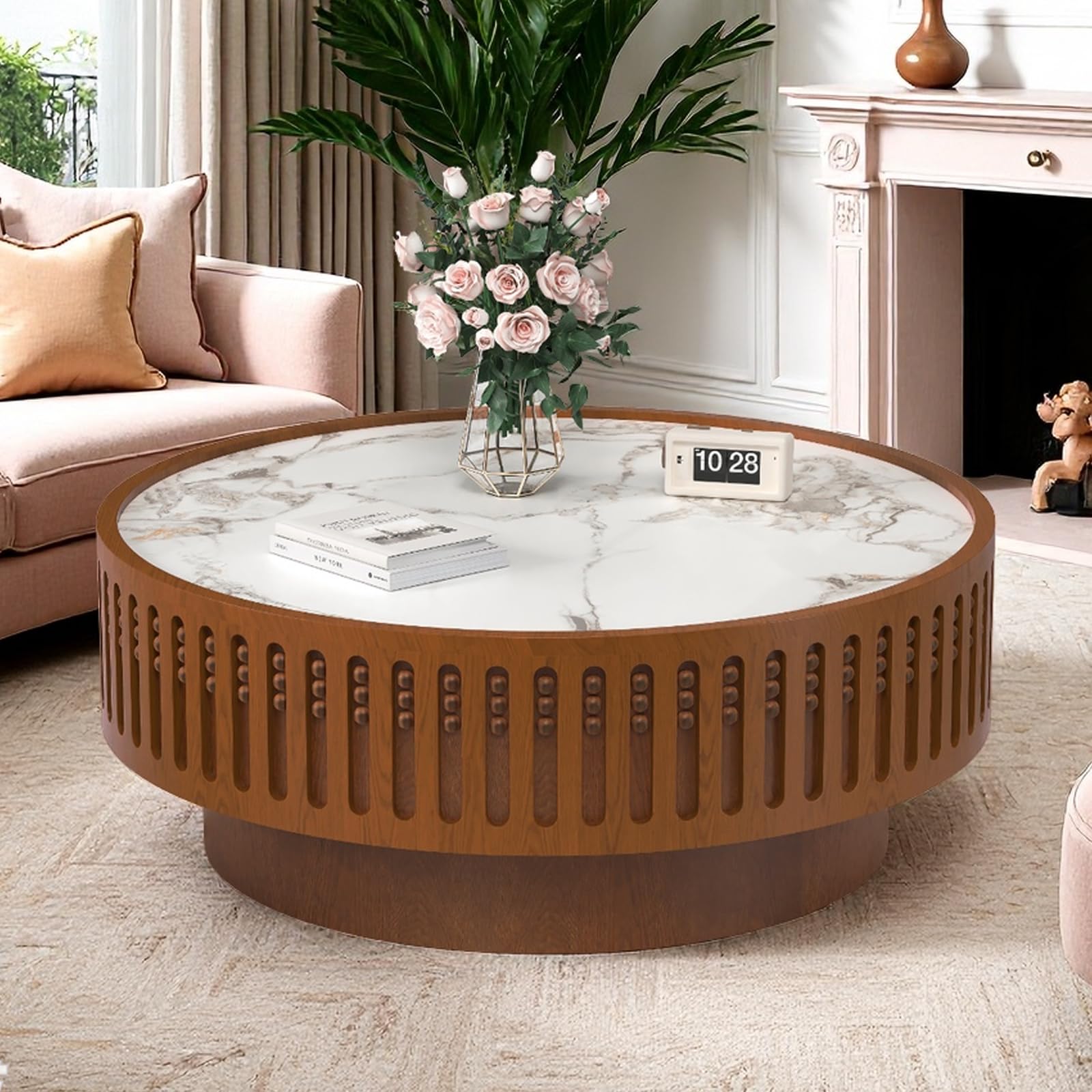 JHKZUDG 35.4" Round Coffee Table with Sintered Stone Tabletop, Wooden Fluted Coffees Table, Circle Accent Center Table for Living Room Apartment Office Small Space (35.4" Coffee Table)