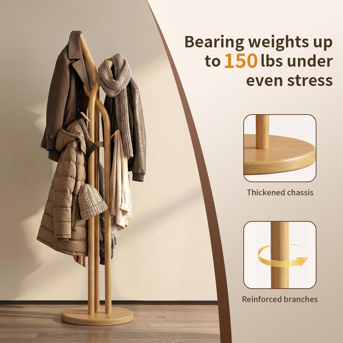 Solid Wood Coat Rack with 9 Hooks