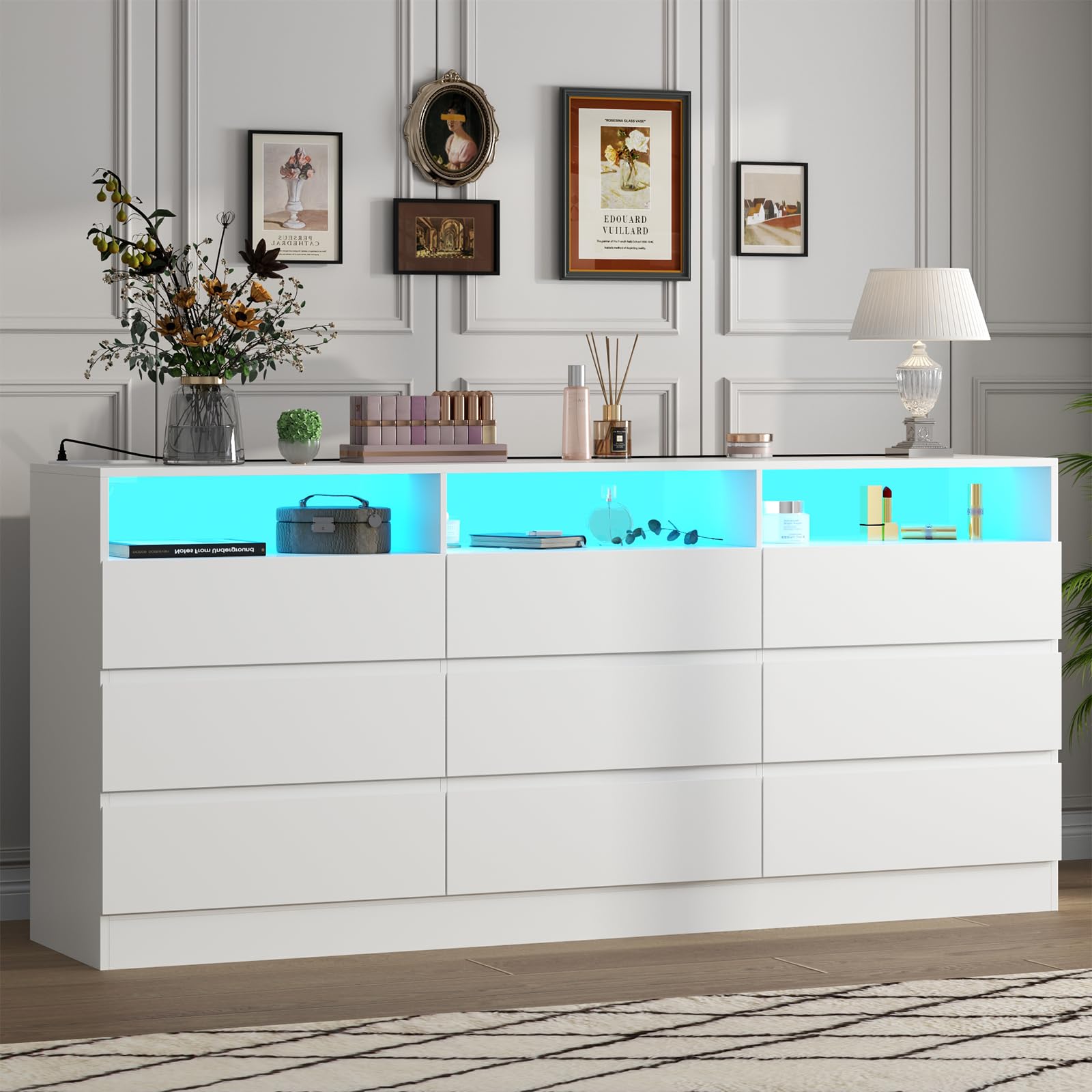 9 Drawer Dresser with Power Outlet, Modern Chest of Drawers with LED Ligh, Wood Dressers TV Stand, Double Wide Dressers Organizer for Closet, Storage Organizer Drawers for Bedroom, Living Room (White)