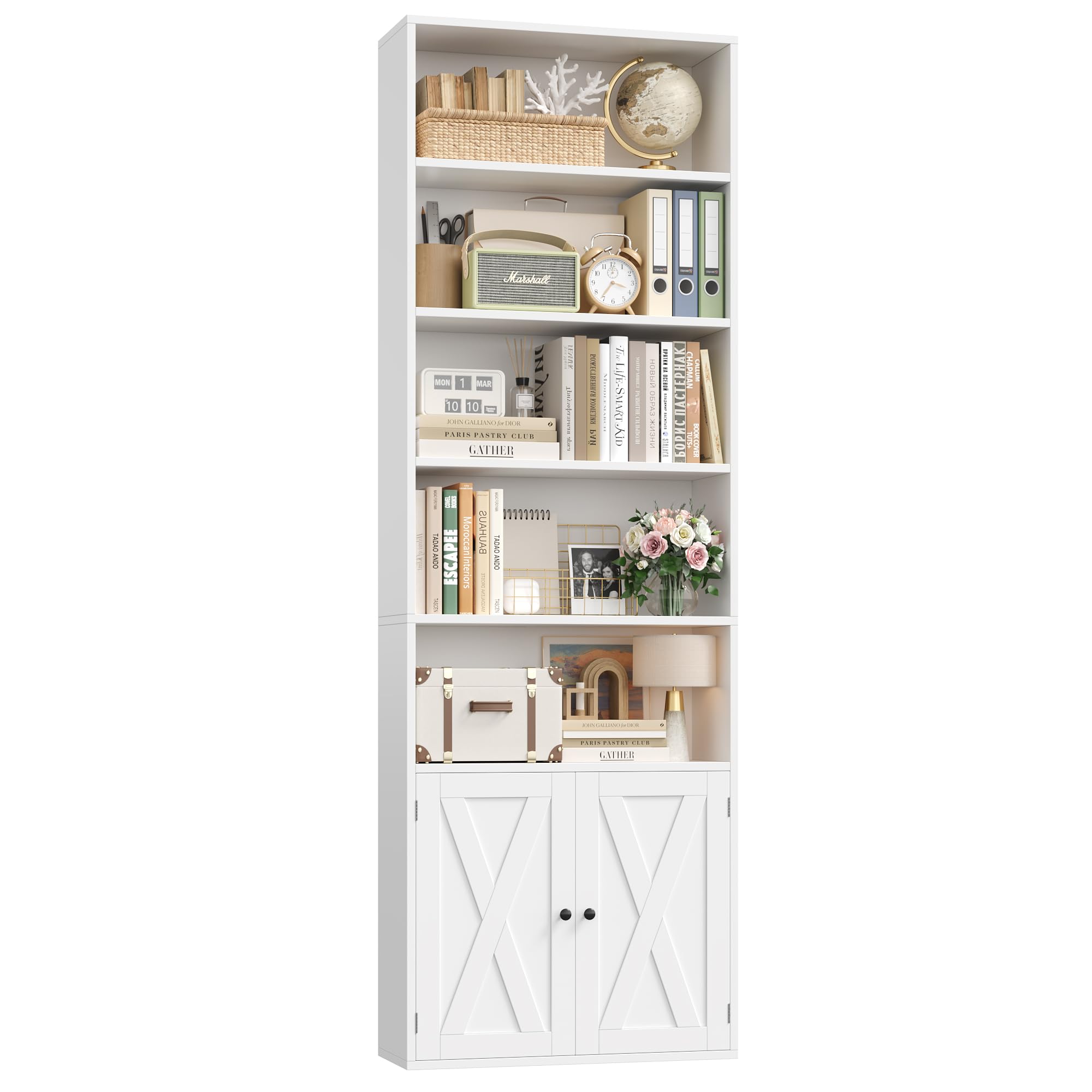 FACBOTALL 82" Tall Bookcase and Book Shelf, 24" Wide Bookshelf with Doors, 7 Tier Bookcase with Storage and Adjustable Shelf, Open and Display Farmhouse Bookshelf for Living Room, Home Office, White