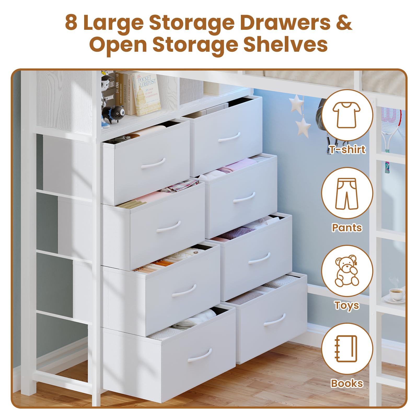 Twin Loft Bed with Desk, 8 Storage Drawers & LED Lights
