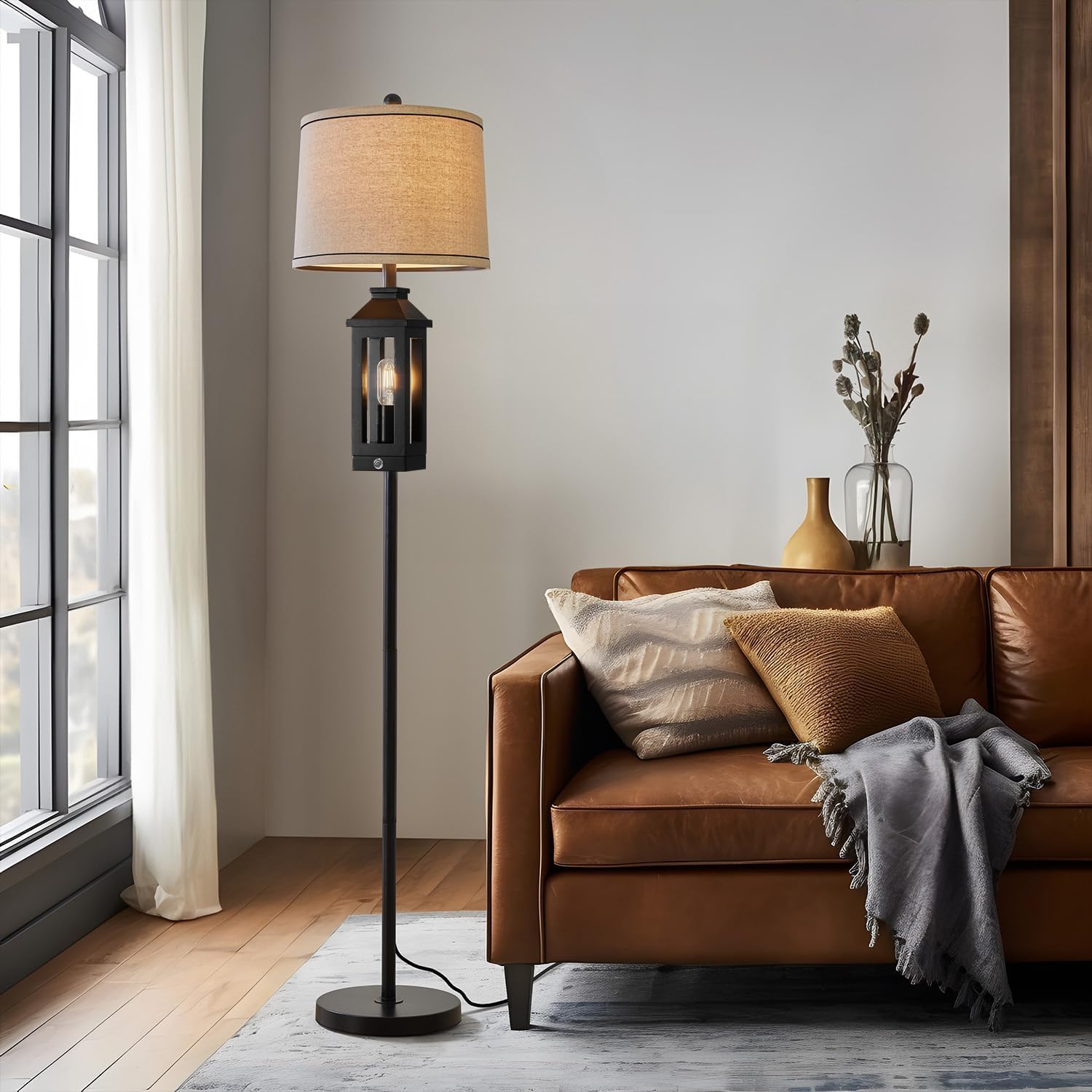 G-SAFAVA 63" Floor Lamps for Living Room Bedside Nightstand Lamp All Black Tall Standing Lamp for Home Decor Bedroom Reading Lamp Farmhouse Rustic Bed Lights with 2 Light Sources (2 Bulbs)