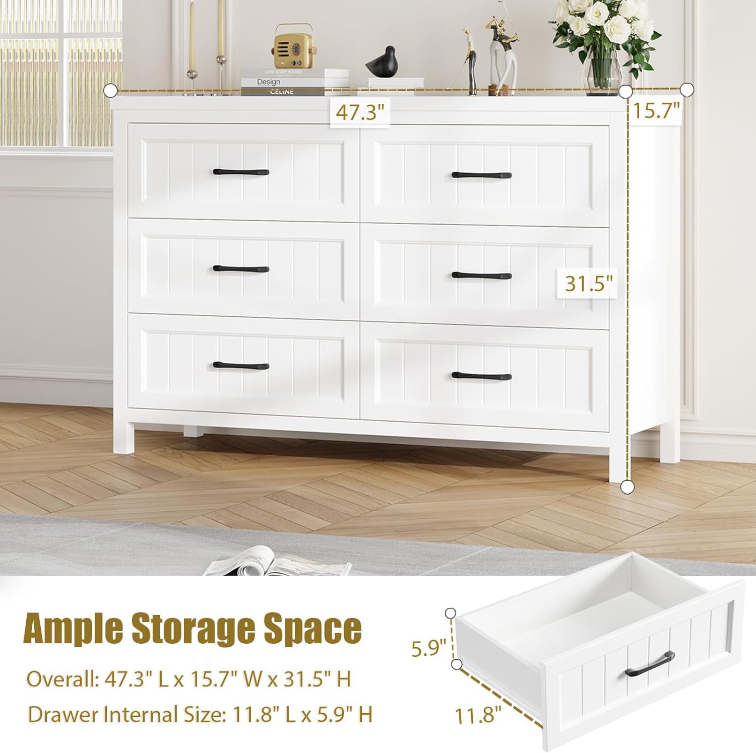 6-Drawer Farmhouse Dresser with Deep Storage