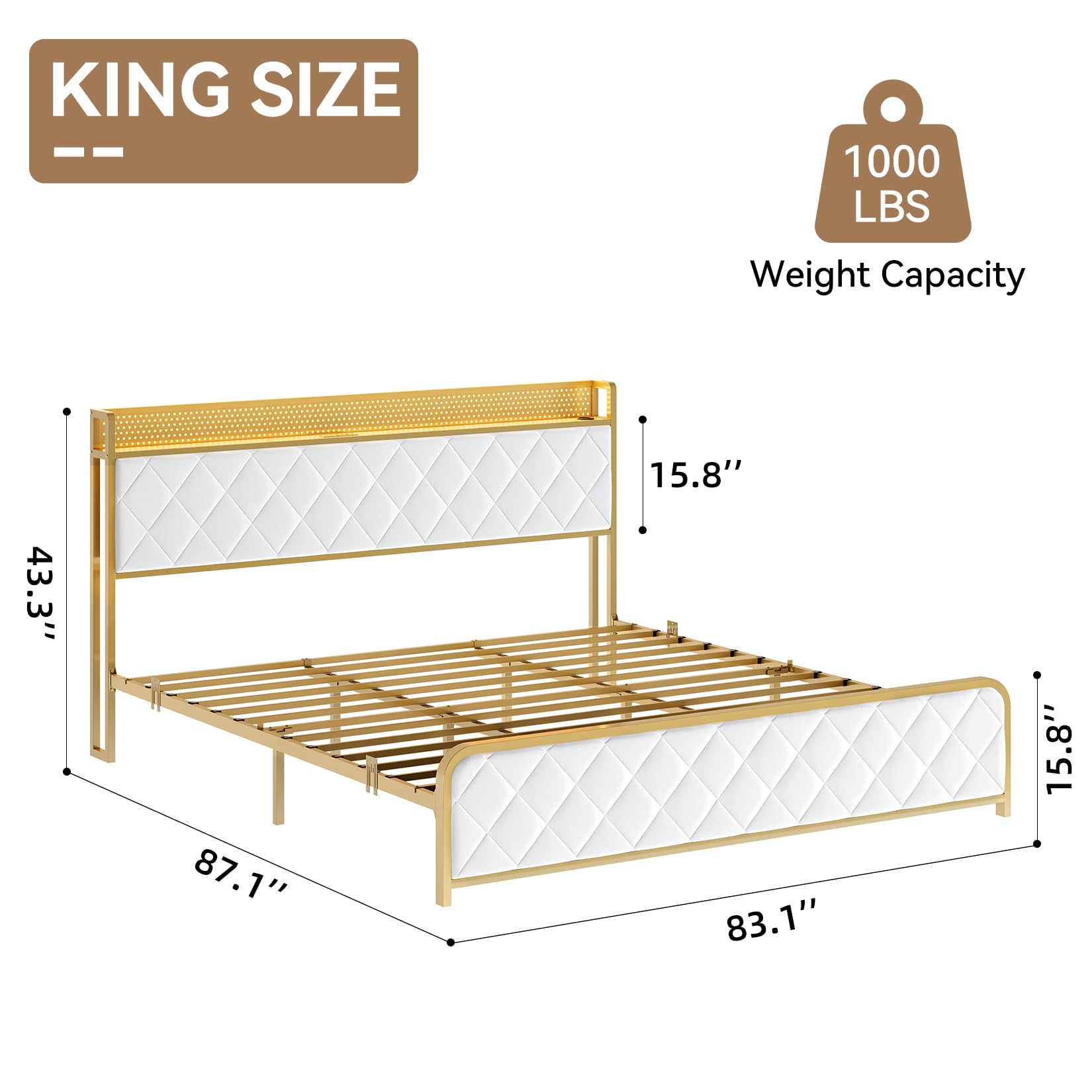 OUTGOODS King Bed Frame with Velvet Storage Headboard, Heavy Duty Steel Slats Support Metal Platform Bed Frame w/Charging Station & LED, APP ＆ Remote Control, Noise-Free/No Box Spring Needed, Beige
