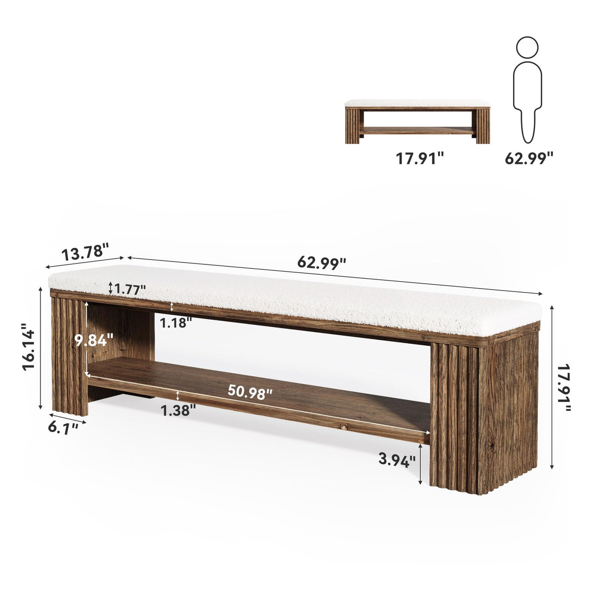 TRIBEWOOD 63" Solid Wood Entryway Bench, Farmhouse Upholstered End of Bed Bench with Removable Faux Lambswool Cushion and Fluted Legs, Indoor Long Ottoman for Bedroom, Entryway, Dark Brown