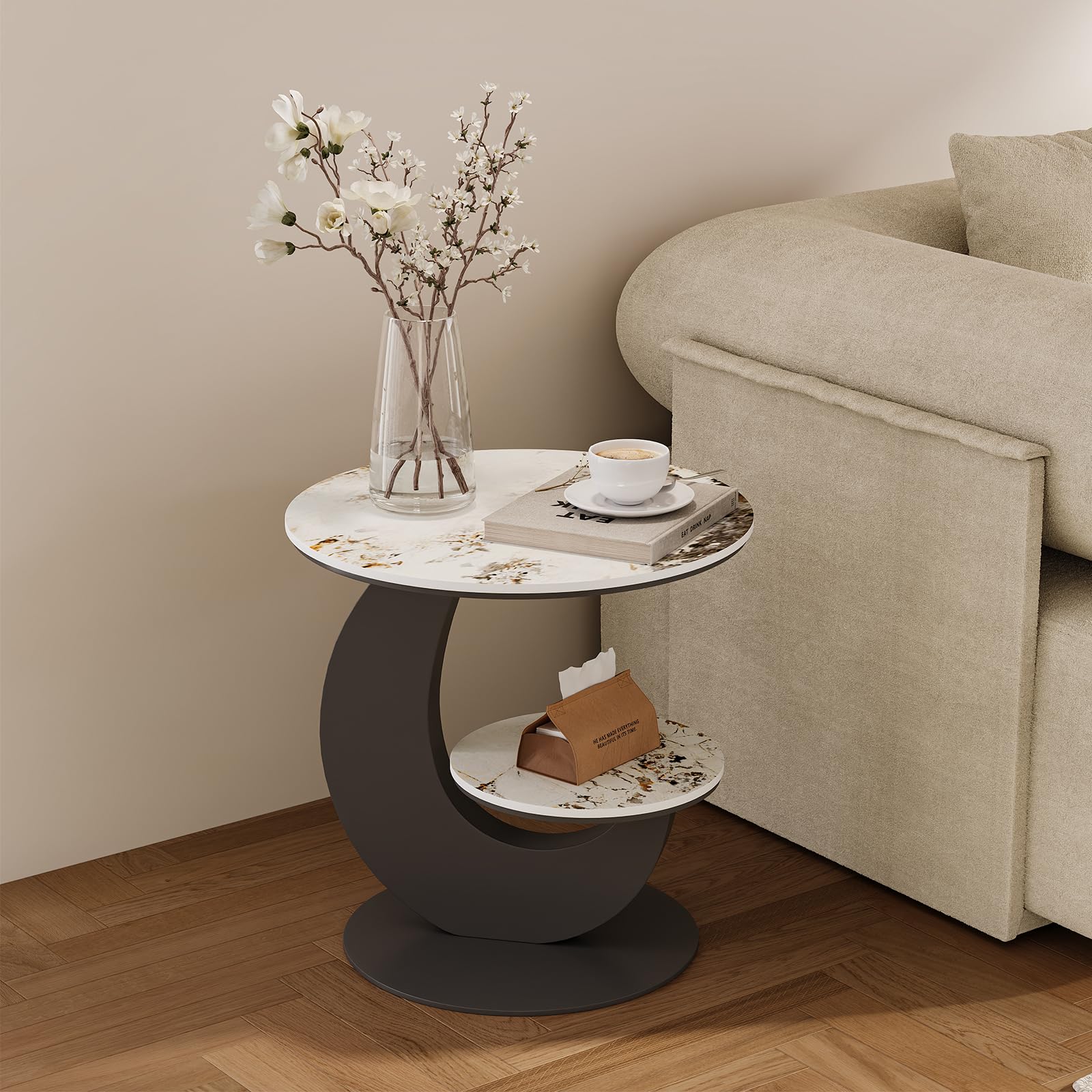 LOVEDIMA Modern Round End Table Faux Marble 2 Tiers Accent Side Table with Storage Shelf Snack Table Sofa Table for Couch Living Room (White & Gray)