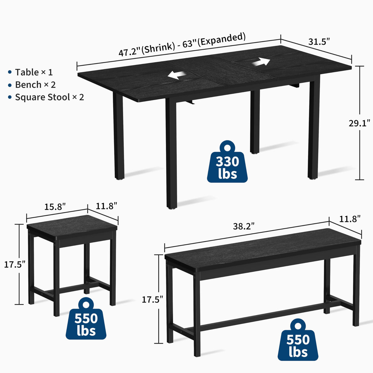 GarveeHome 5 PCs Dining Table Set for 6-8 People, 63 in Extendable Kitchen Table Set with 2 Benches and 2 Square Stools, Modern Dining Room Furniture Sets, Easy Assembly, Black