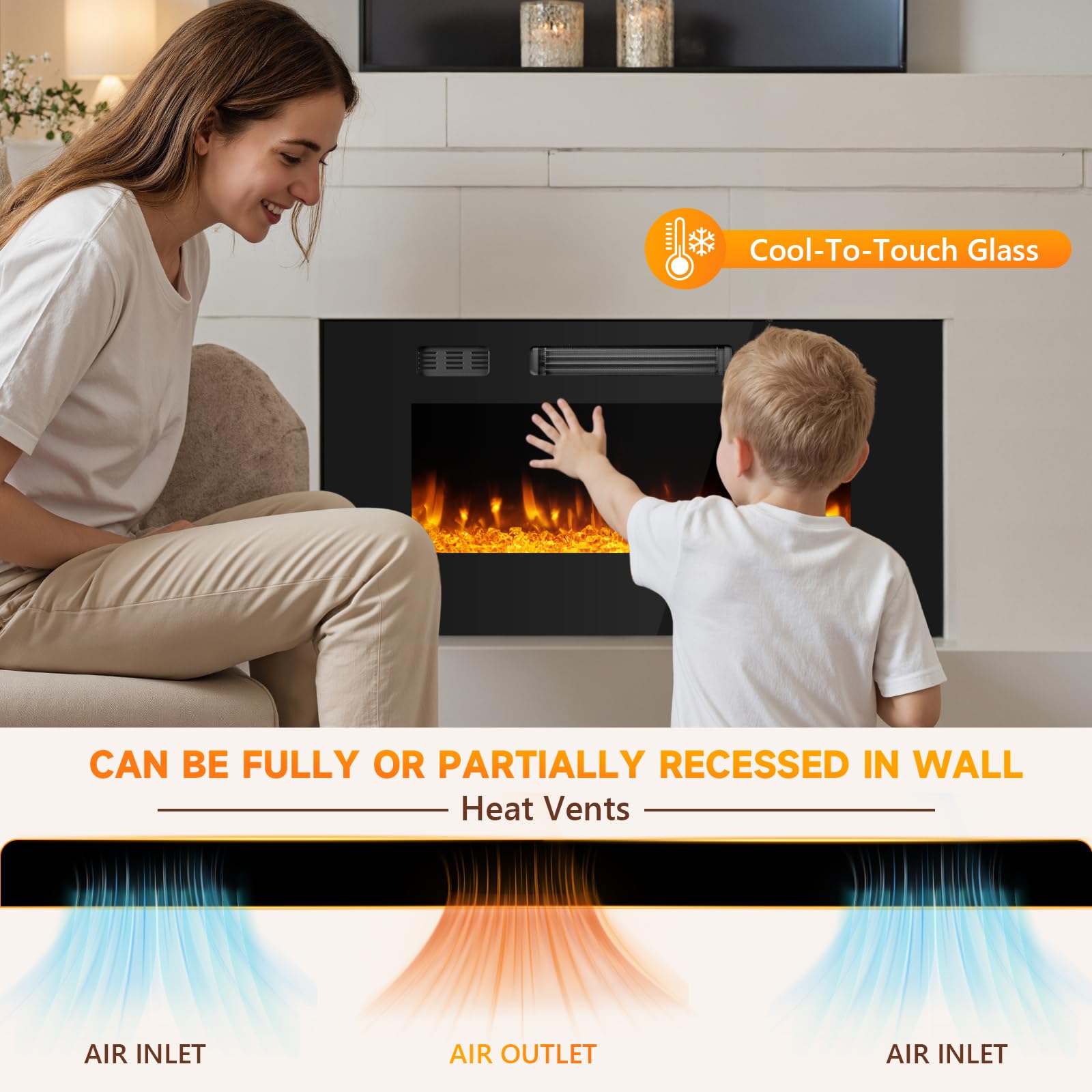Ariiles 36 Inch Electric Fireplace Insert, Electric Fireplace Wall Mounted with Remote & Timer, Low Noise Heater Fireplaces for Living Room, Modern Recessed Fireplaces Decor