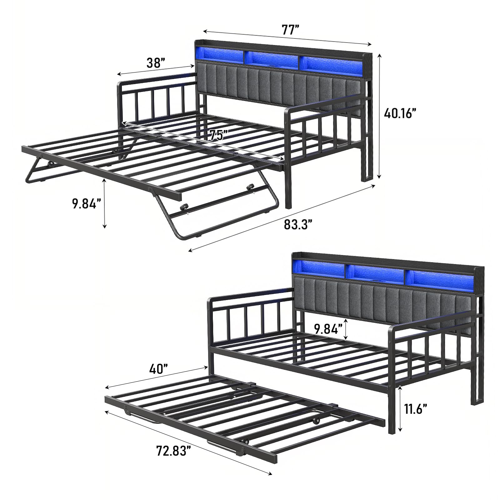 Daybed with Trundle & RGB Lights, Twin Sofa Bed Frame with Charging Station, Pull Point Day Bed with Storage Headboard, Heavy Duty Metal Trundle Bed Twin for Living Room, Bedroom, Guest Room