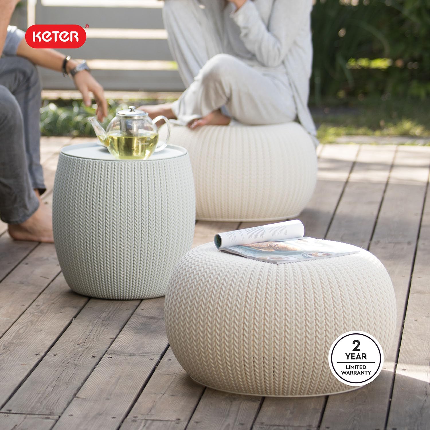 Keter Urban Knit Pouf Ottoman Set of 2 with Storage Table for Patio and Room Décor - Perfect for Balcony, Deck, and Outdoor Seating, Grey & White