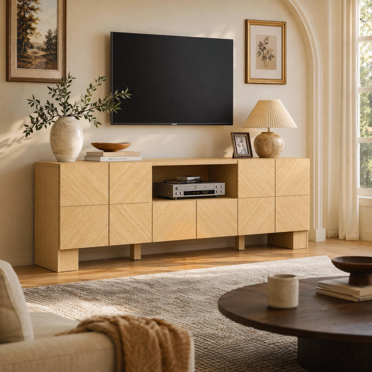 Natural Oak TV Stand with Outlet