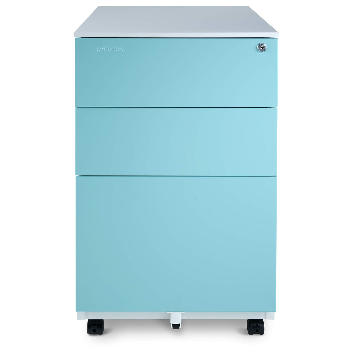 Aurora Mobile File Cabinet 3-Drawer Metal with Lock Key Sliding Drawer, White/Aqua Blue, Fully Assembled, Ready to Use