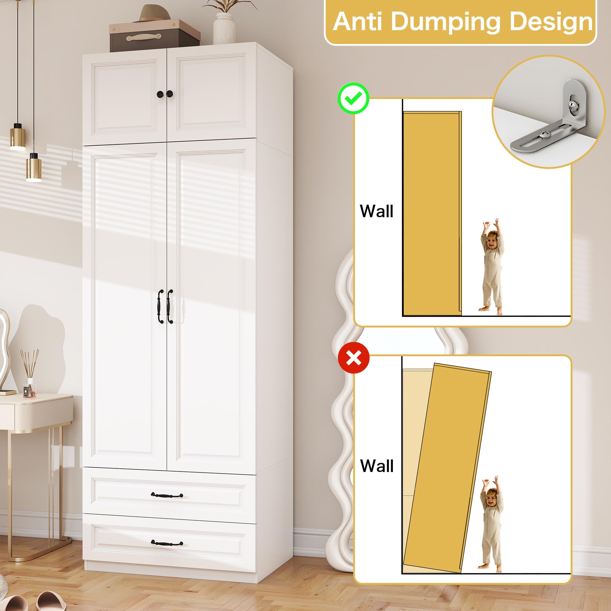LABROSKIA Armoire Wardrobe Closet with Doors: 89" Extra Tall White Wardrobe with Storage on Top, Bedroom Armoires with 2 Doors and 2 Drawers, Large Wood Closet Armoire for Hanging Clothes