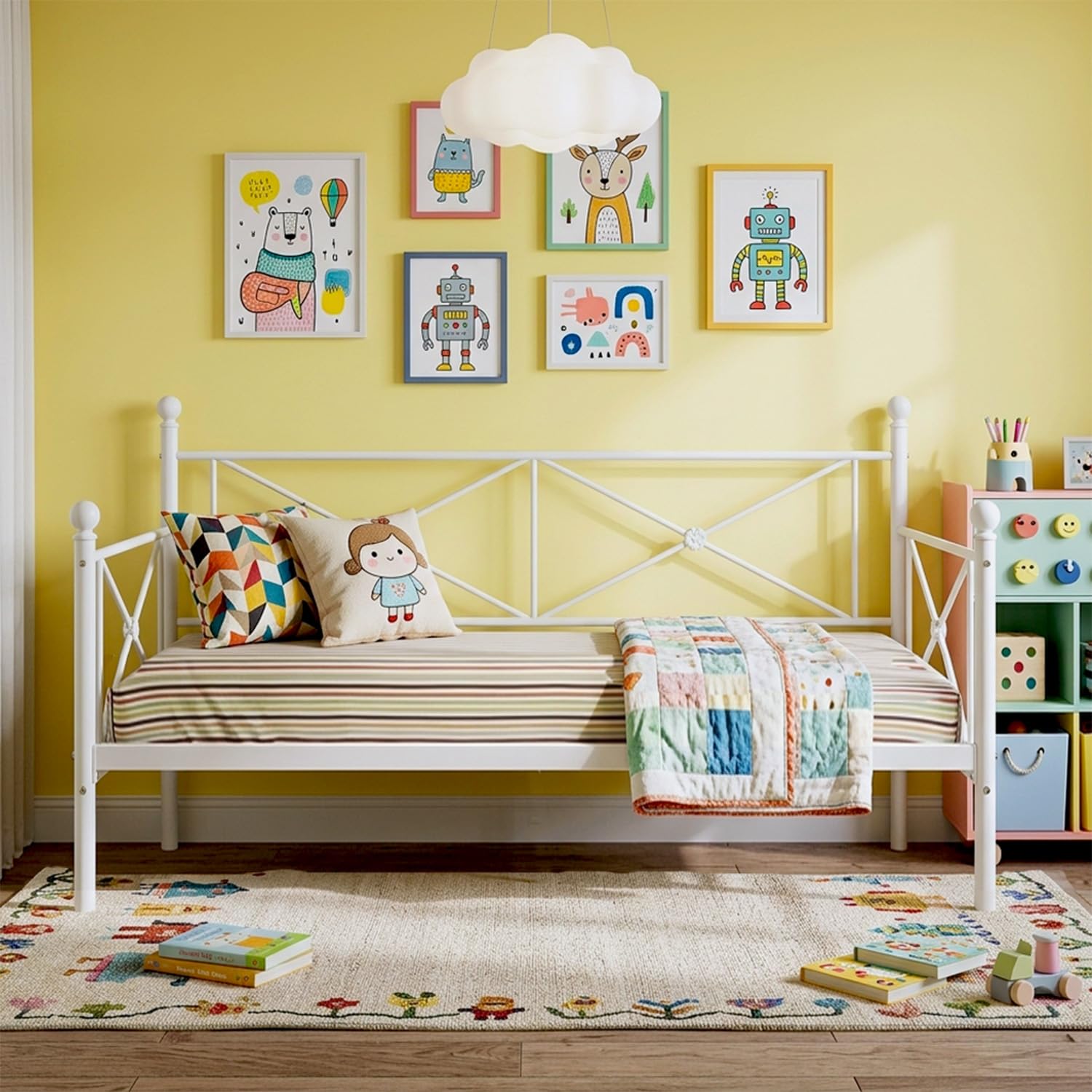 VECELO Daybed Twin Size, Day Bed Frame with Headboard, Heavy-Duty Metal Slats Support Platform for Living Room, Guest Room, Easy Assembly, White