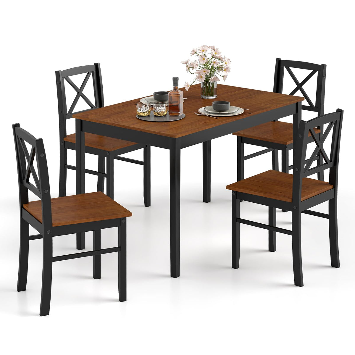 GOFLAME 5-Piece Dining Table Set for 4, Rectangular Kitchen Table & 4 Chairs with Rubber Wood Legs, X-Shaped Backrest, Space-Saving Farmhouse Dinette Set for Dining Room, Breakfast Nook