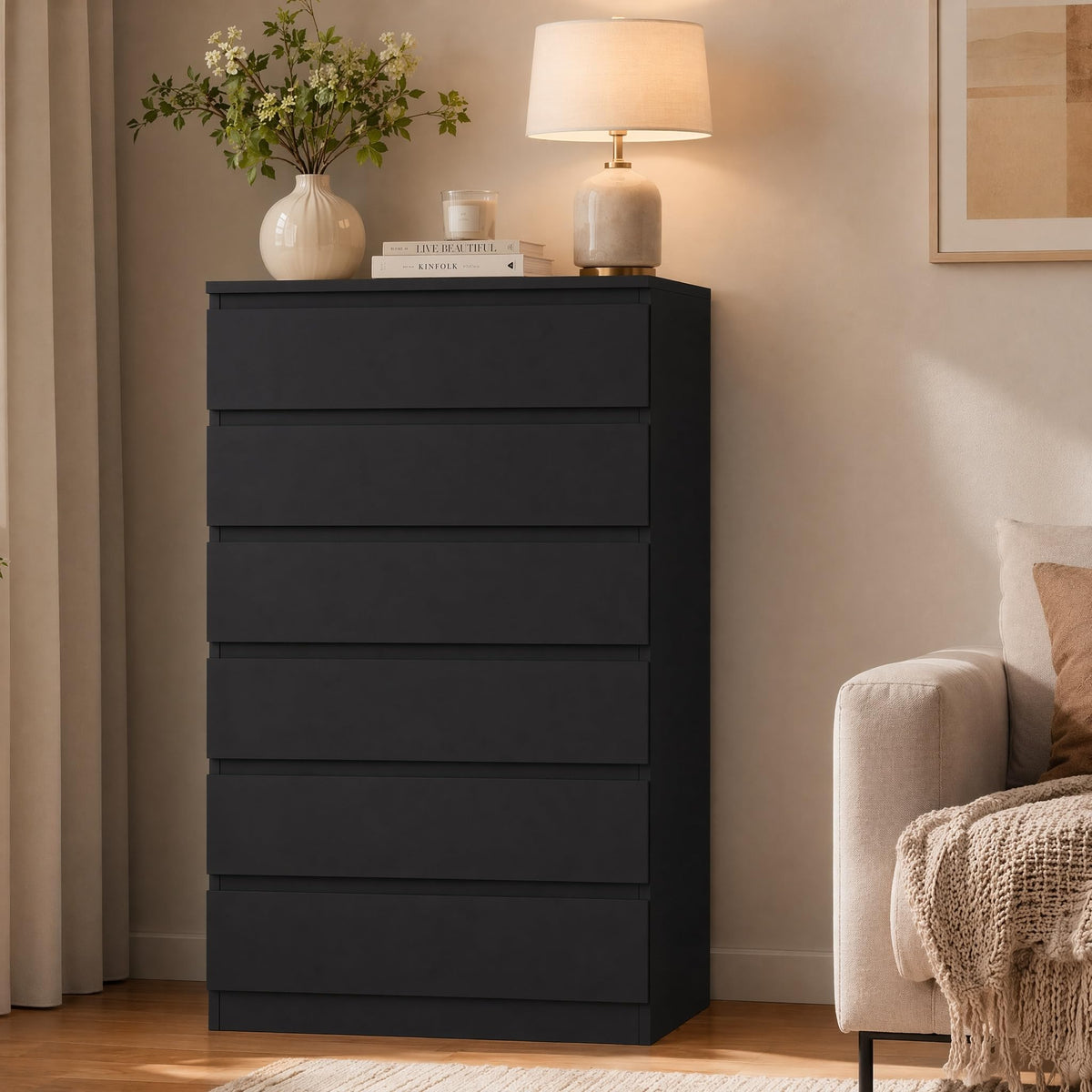 Black 6-Drawer Handleless Dresser