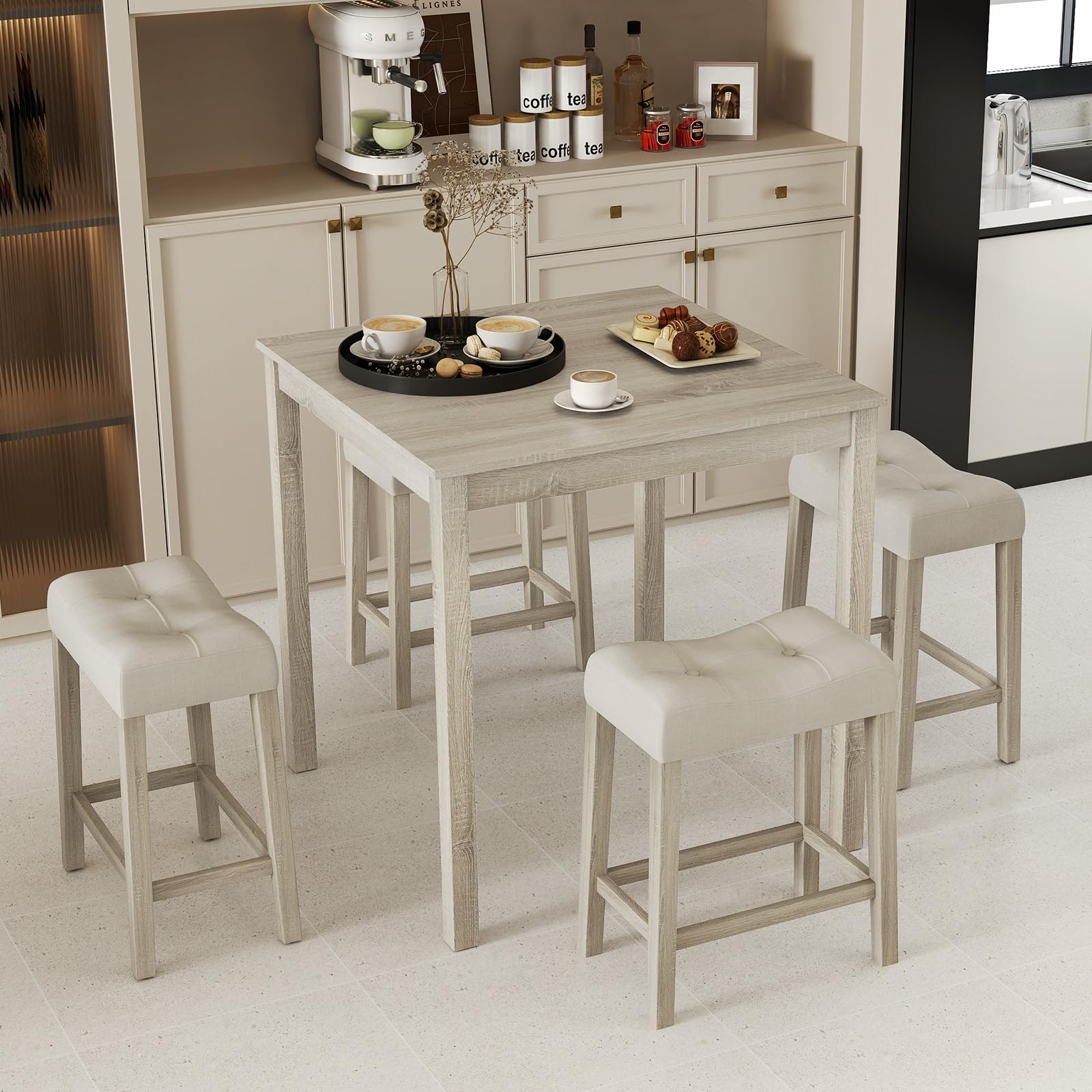 NAFORT 5 PCS Small Dining Table Set, Farmhouse Breakfast Nook Set with 4 Upholstered Saddle Stools, Space-Saving Wooden Bar Table Set for Living Room, Dining Room, Home Bar& Kitchen