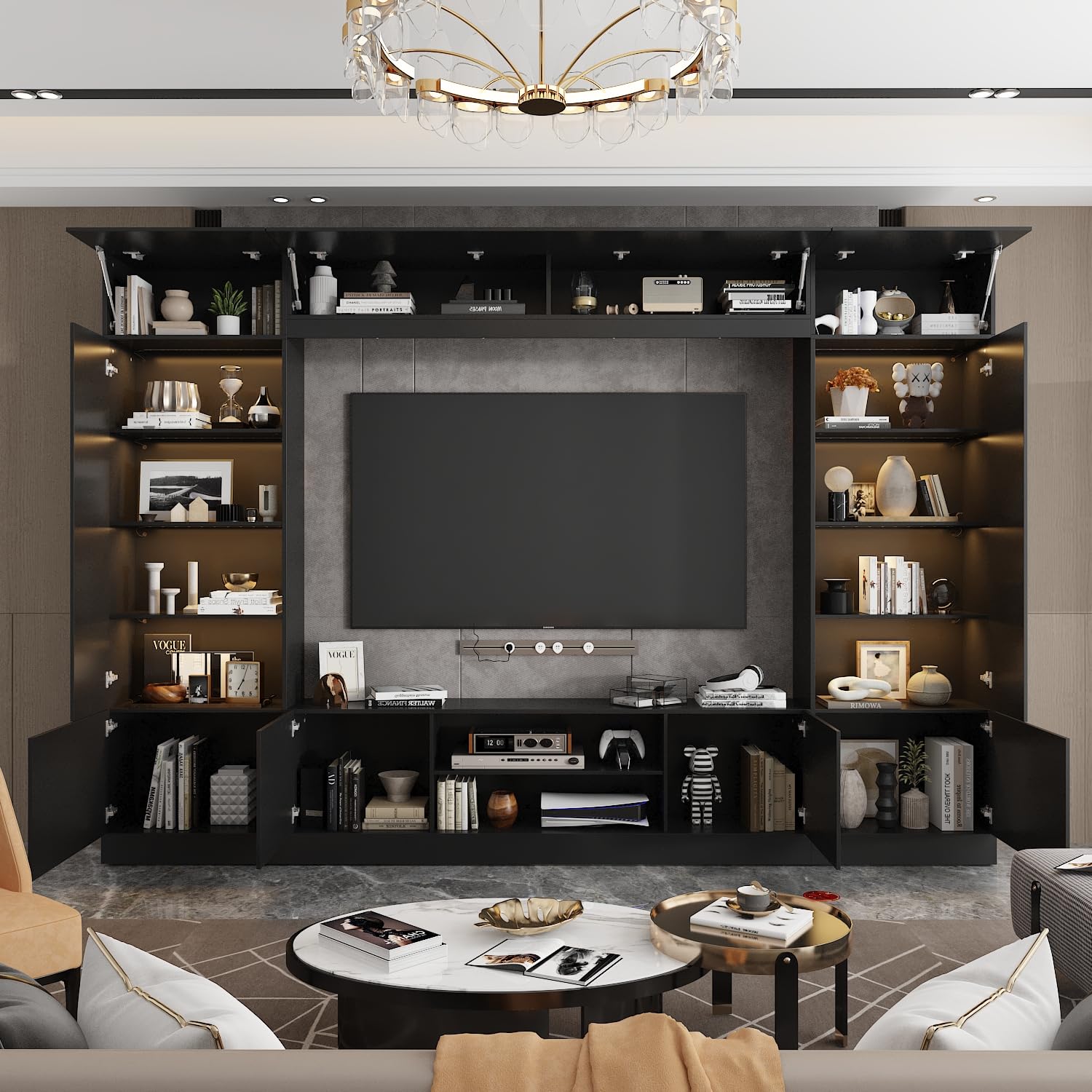 WOODTIME 114" Large Wall Unit Entertainment Center with Bookshelves, Lights and 18 Shelves, Modern 4-Piece TV Stand Media Console Table with Bridge Cabinet for Living Room & Home Theater, Black