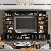 WOODTIME 114" Large Wall Unit Entertainment Center with Bookshelves, Lights and 18 Shelves, Modern 4-Piece TV Stand Media Console Table with Bridge Cabinet for Living Room & Home Theater, Black