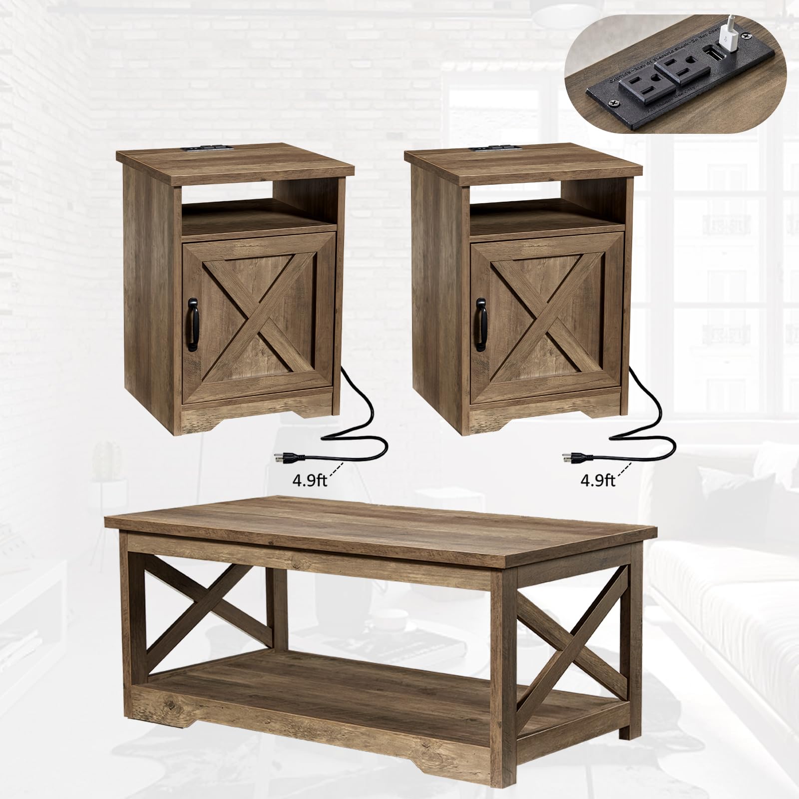 AMERLIFE 3-Piece Farmhouse Table Set Includes Coffee Table& Two End Tables, Side Table with Charging Station and USB Ports, for Living Room, Barnwood