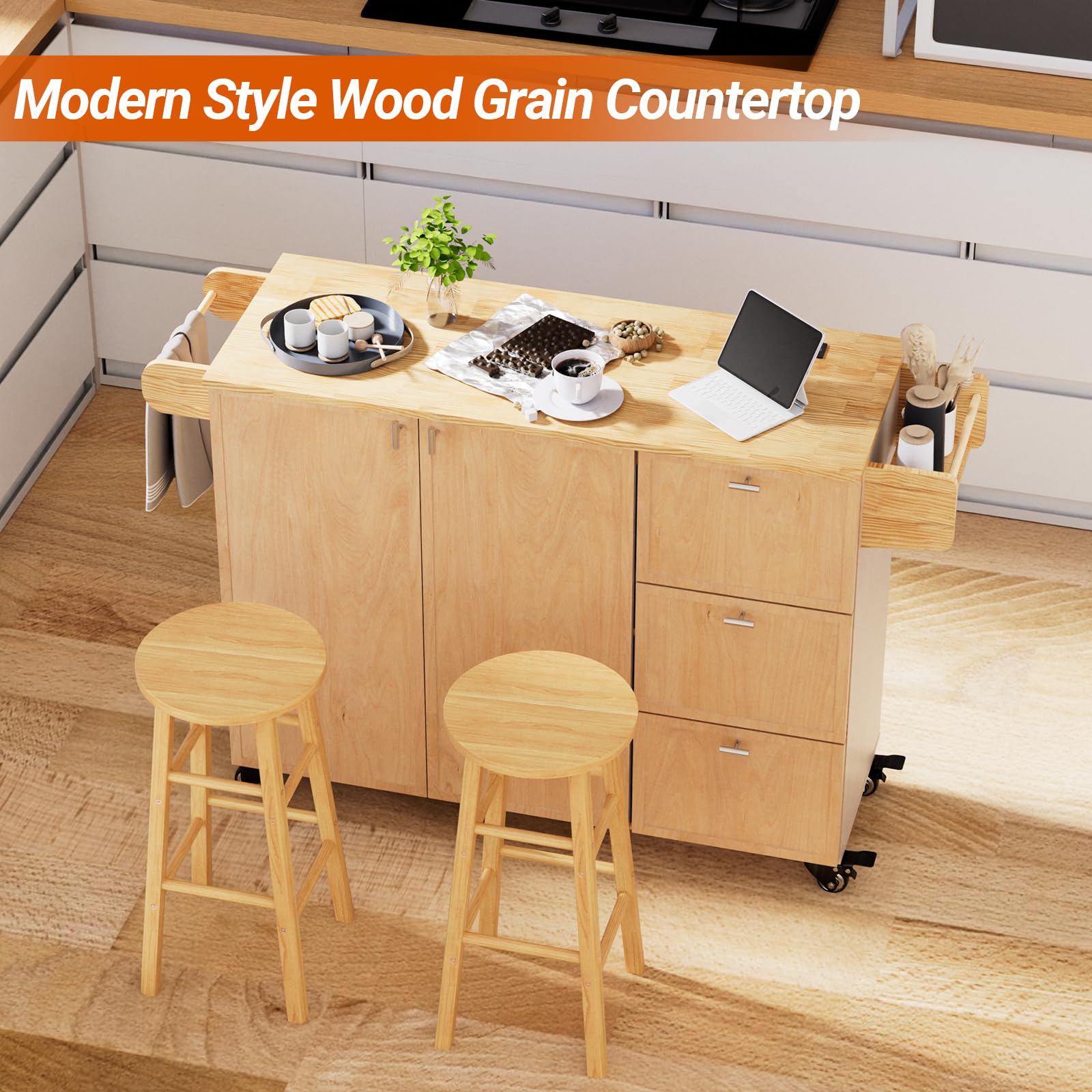 Kitchen Island with Storage, Rolling Kitchen Island on Wheels with Drawers and Doors, Mobile Kitchen Island with Towel Rack and Spice Rack, Wood Top Kitchen Cart with Power Outlet for Kitchen (Oak)