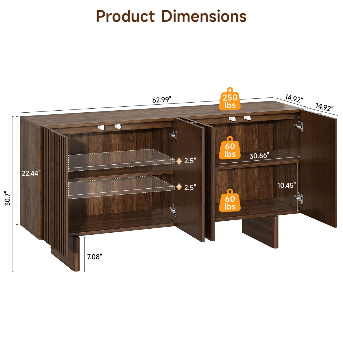 ONBRILL 63" Fluted Sideboard Cabinet with Storage Adjustable Shelves Walnut