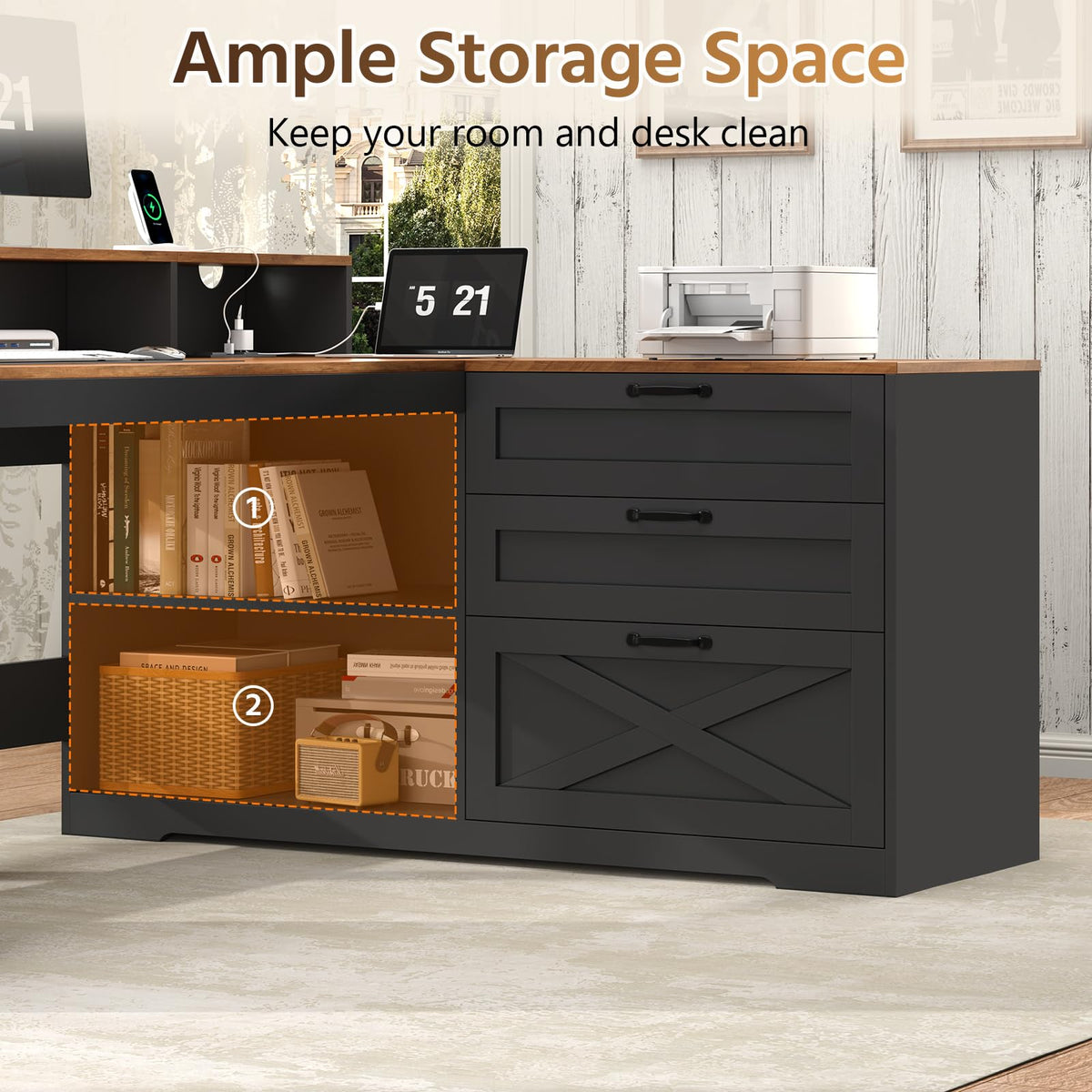 61" Farmhouse L Shaped Desk with Drawers ＆ Storage Shelves for Home Office