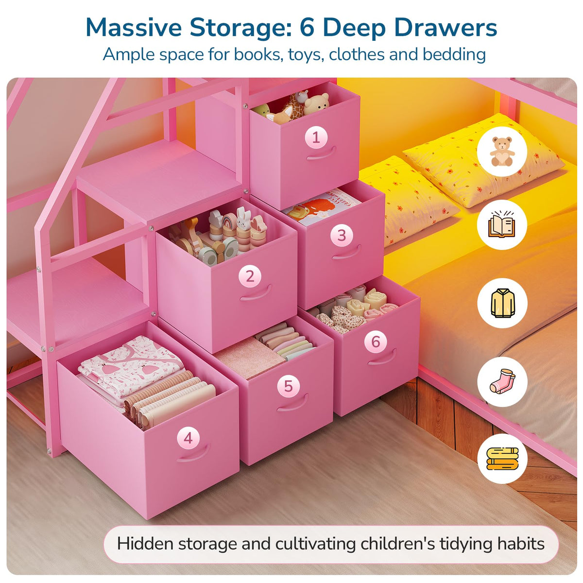 Twin Bunk Bed with Storage & LED Lights