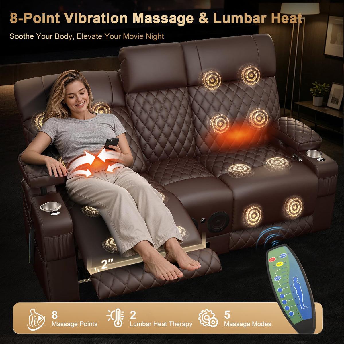 Power Loveseat Recliner Sofa, Home Theater Seating with Massage & Heat