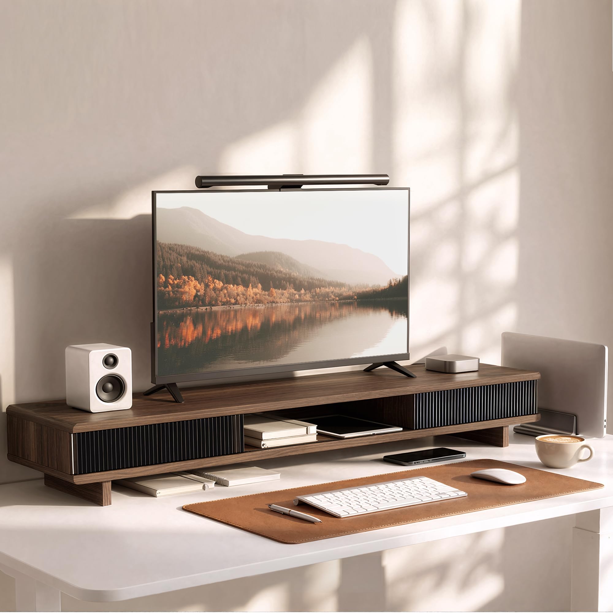 Wide Monitor Riser with Sliding Door Storage