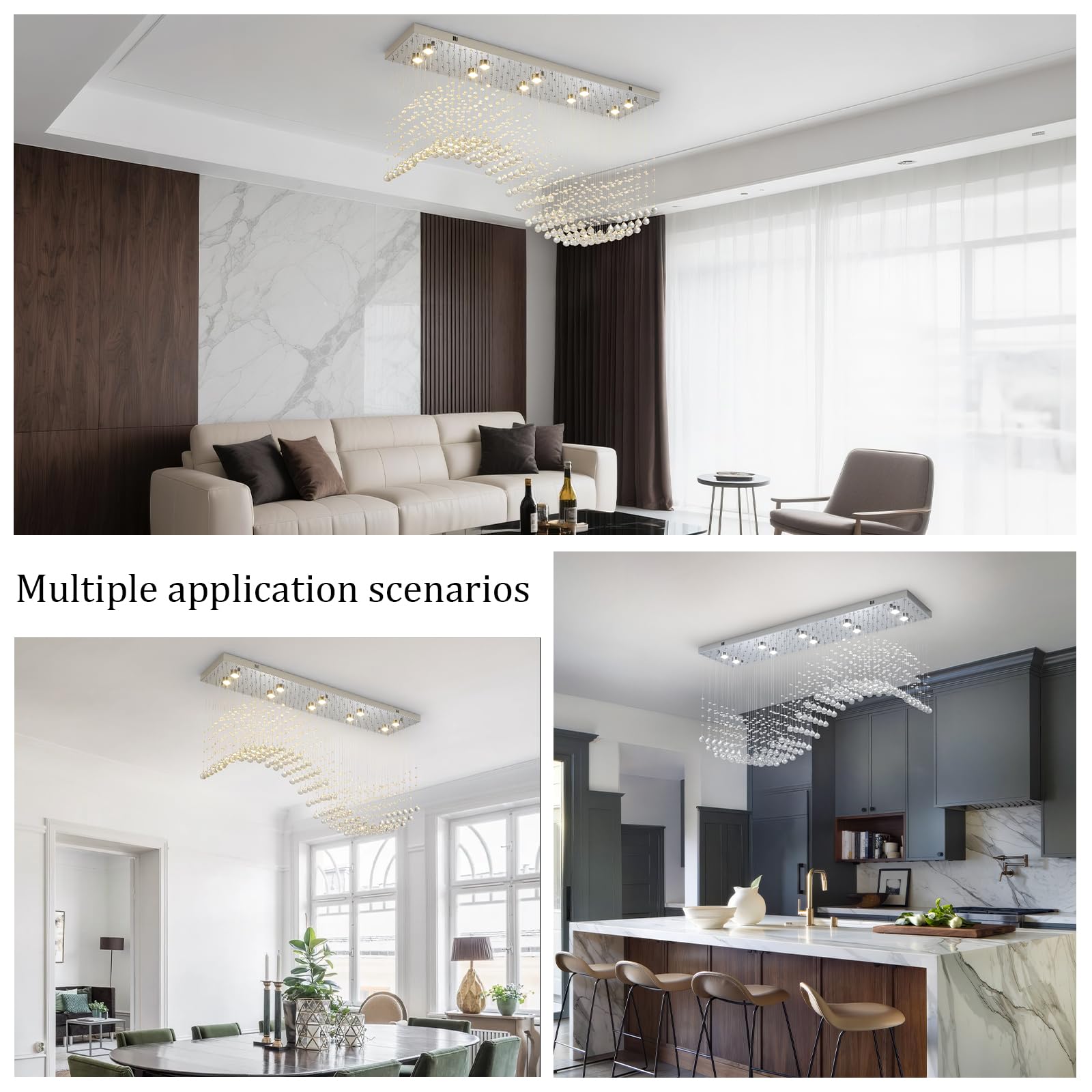 Modern Rectangle Crystal Raindrop Chandelier: 47" Long Chrome Dimmable Led High Ceiling Chandeliers with Remote - Silver Wave Raindrop Flush Mount Ceiling Light Fixture for Dining Living Room Kitchen