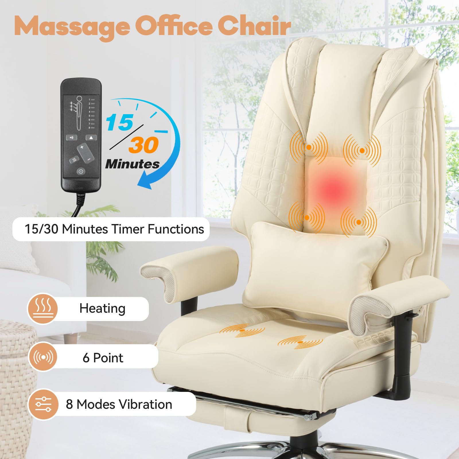Mvpipi Vibrate Massage & Heating Office Chair, Executive Office Chair with Reclining Backrest, Adjustable Arms & Lumbar Support, High Back Leather Desk Chairs w/Foot Res for Home Office, Beige