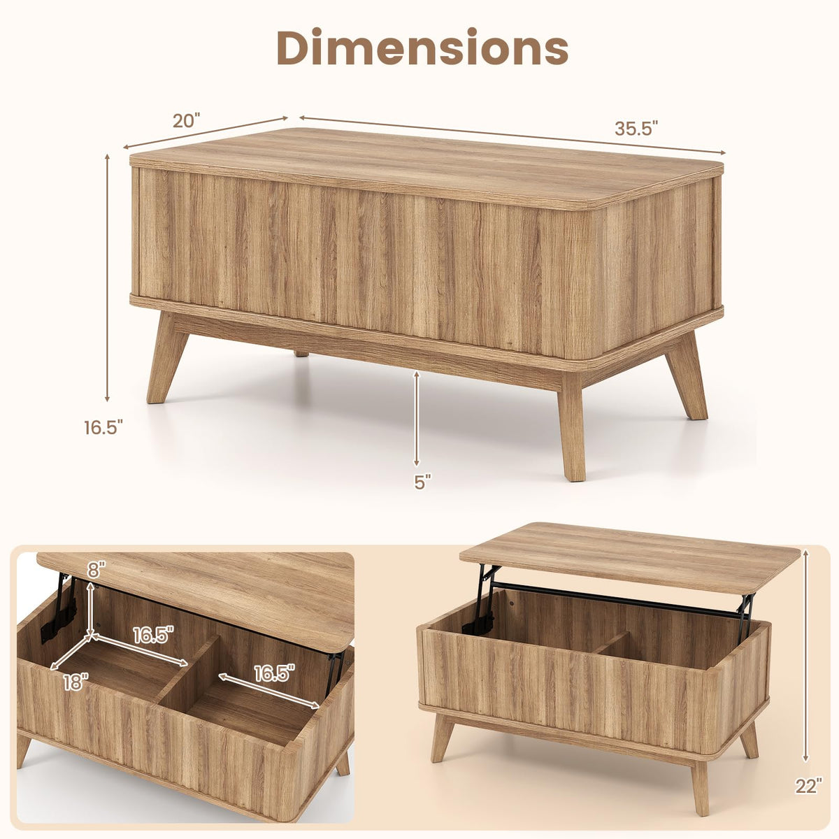 GIANTEX Lift Top Coffee Table with Storage, 35.5" Mid Century Modern Center Table with Solid Wood Leg & Hidden Compartment, Minimalist Fluted Living Room Table for Home Office, Oak