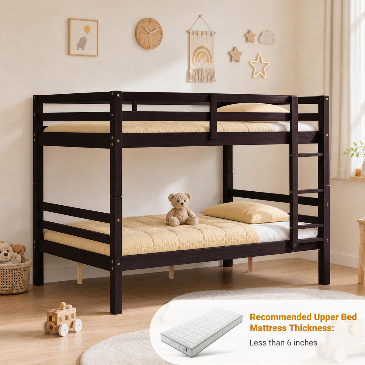 Kiivakii Full Over Full Bunk Bed with Thick Posts, Wood Bunkbed, Espresso