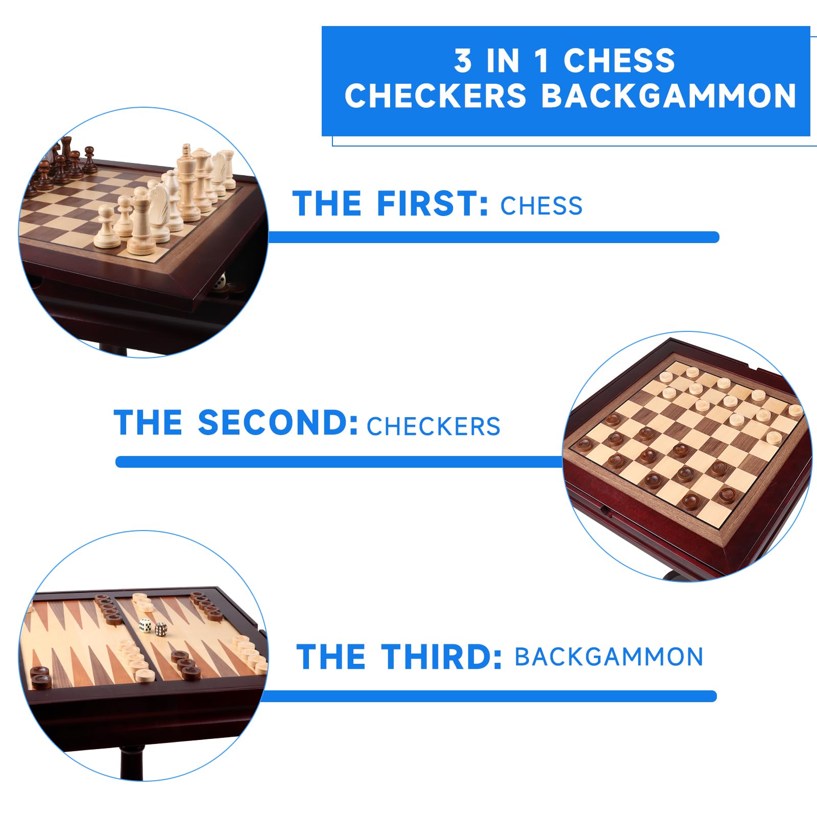 3-in-1 Chess Checkers Backgammon Game Table