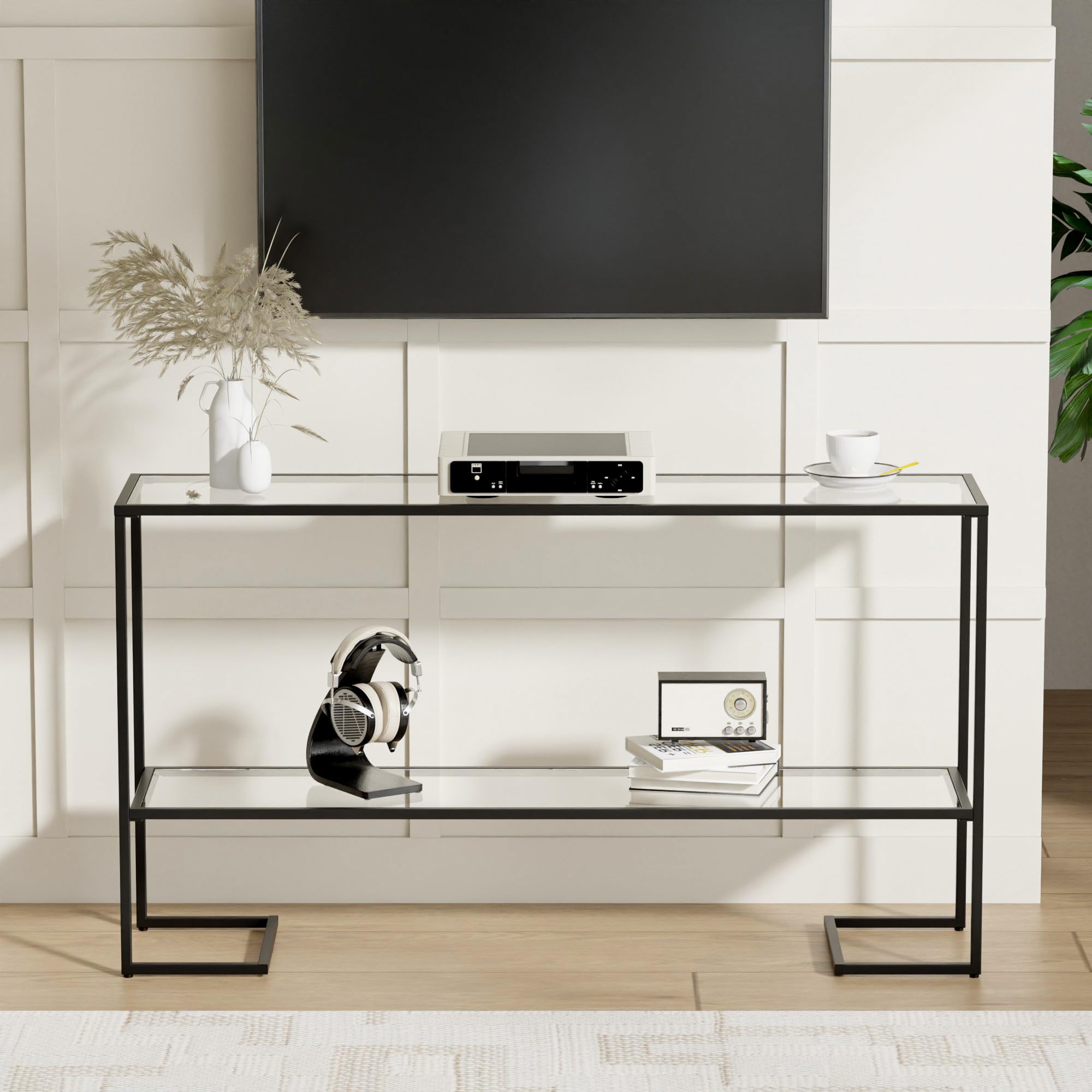 Cozy Castle 52" Entryway Table, 2-Tier Narrow Console Table with Tempered Glass & Sturdy Metal Frame, Modern Sofa Table with Storage Shelves for Entryway, Hallway, Foyer, Living Room, Black
