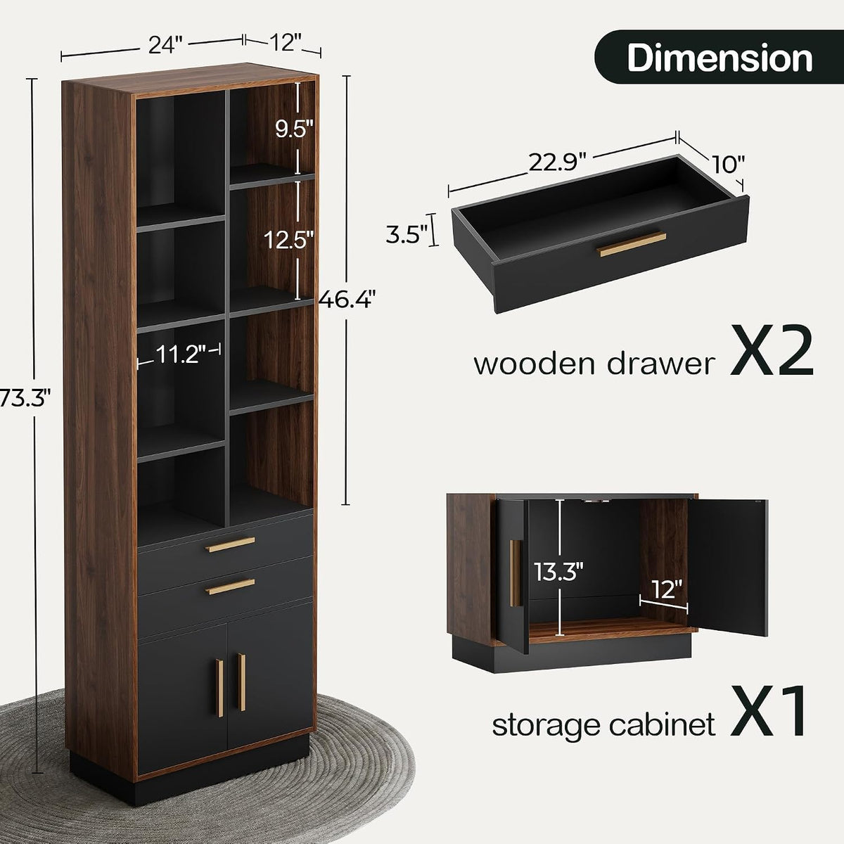 ModernMate 71" Executive Standing Desk with Tall Bookcase, Black Walnut