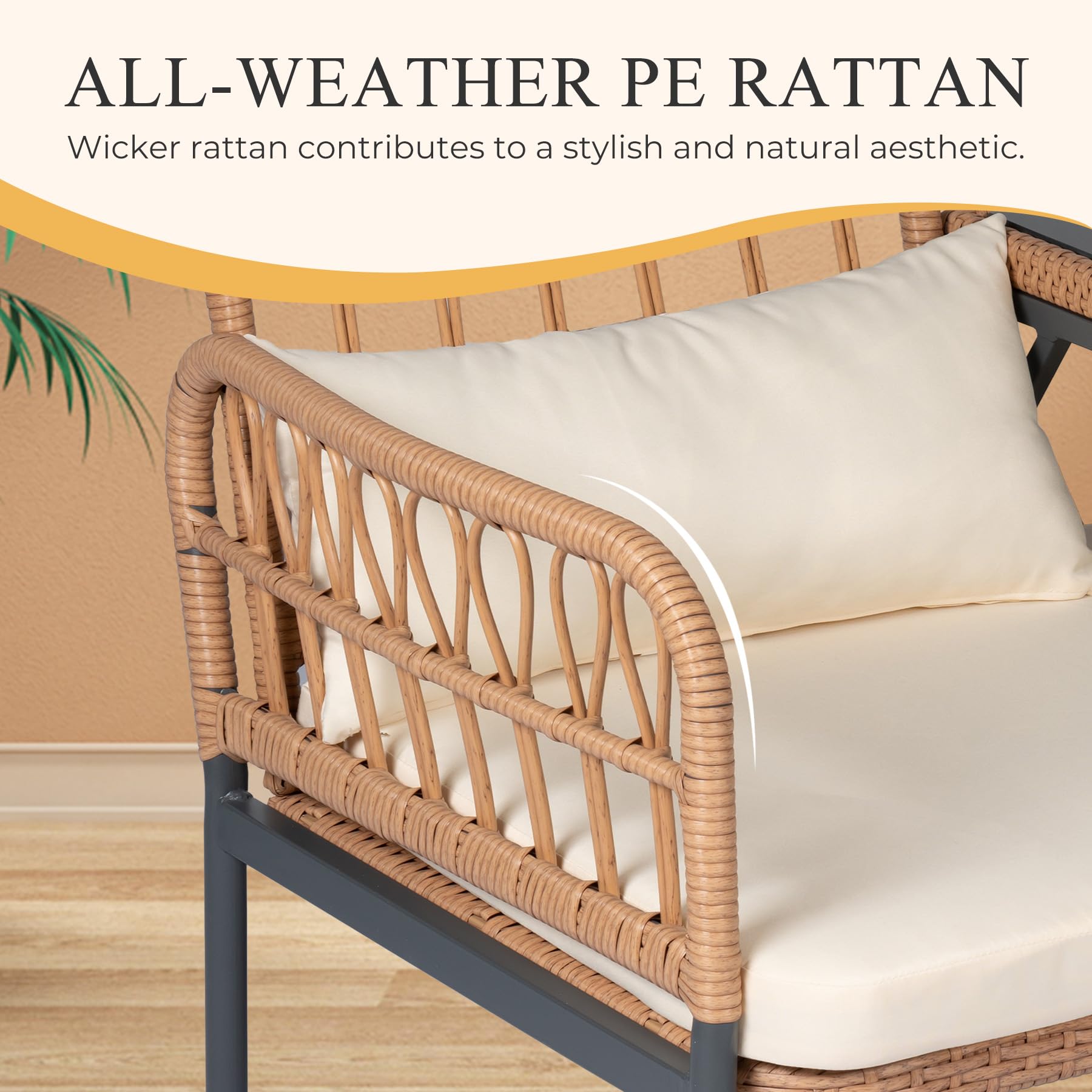 Outdoor Rattan Loveseat with Built-In Table & Cushions