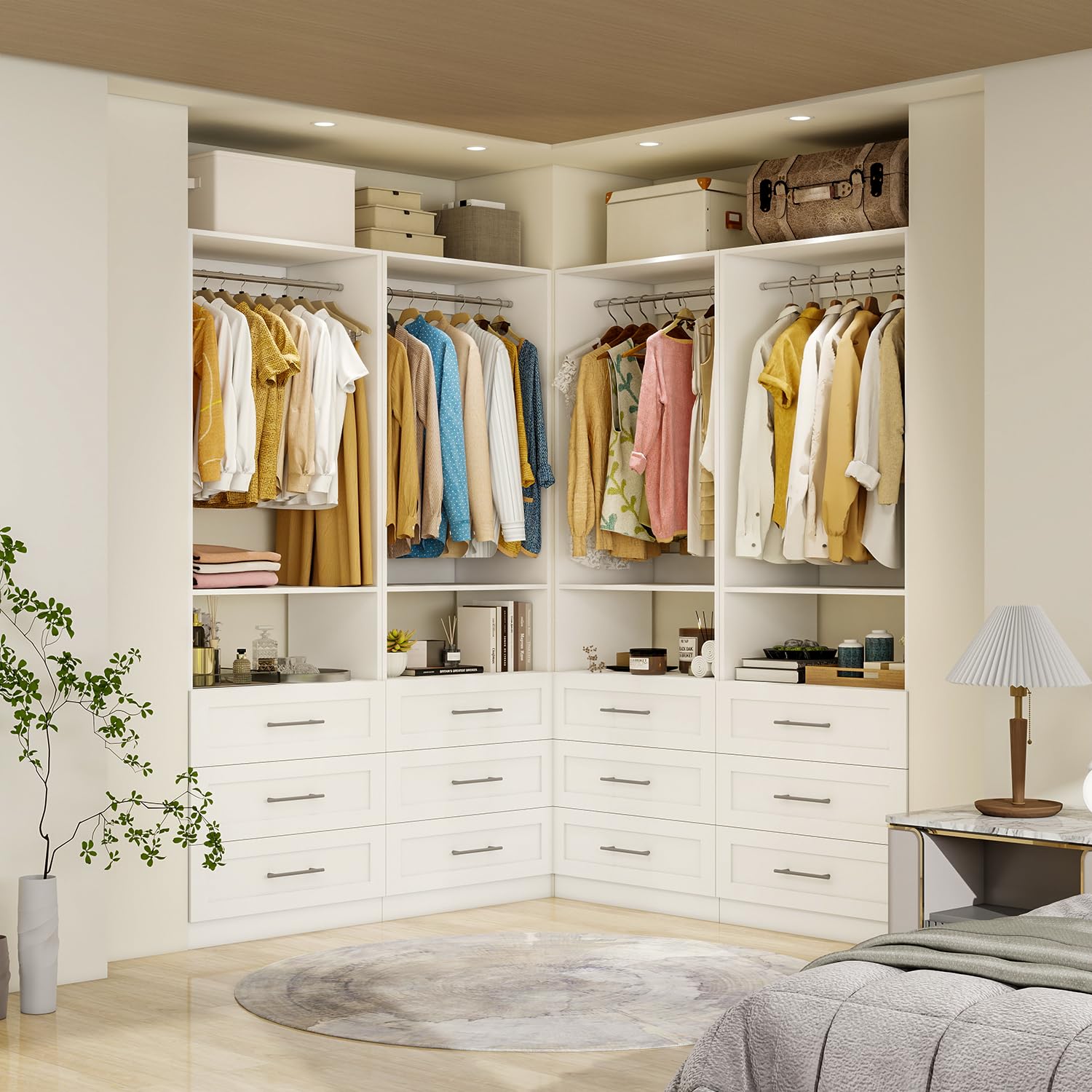 Closet System with Wooden Drawers, 8FT Closet Organize System with Drawers & Hanging Rods &for Walk in Closets, 4PCS*24" Freestanding Closet System, White(8FT)